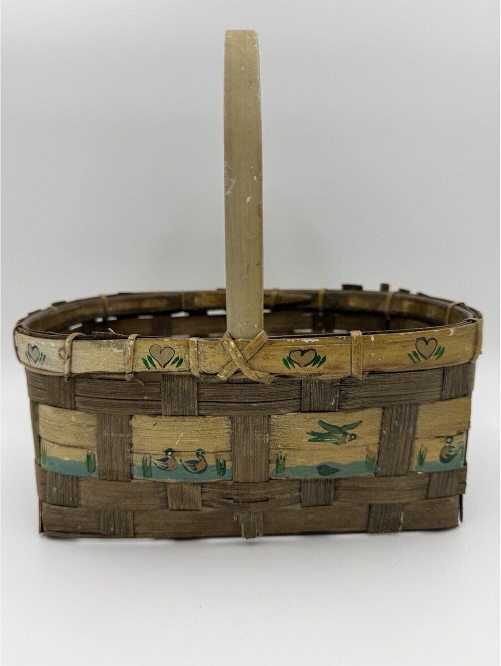 Hand-painted Wicker Basket 10.5 inches Grassy Duck Scene